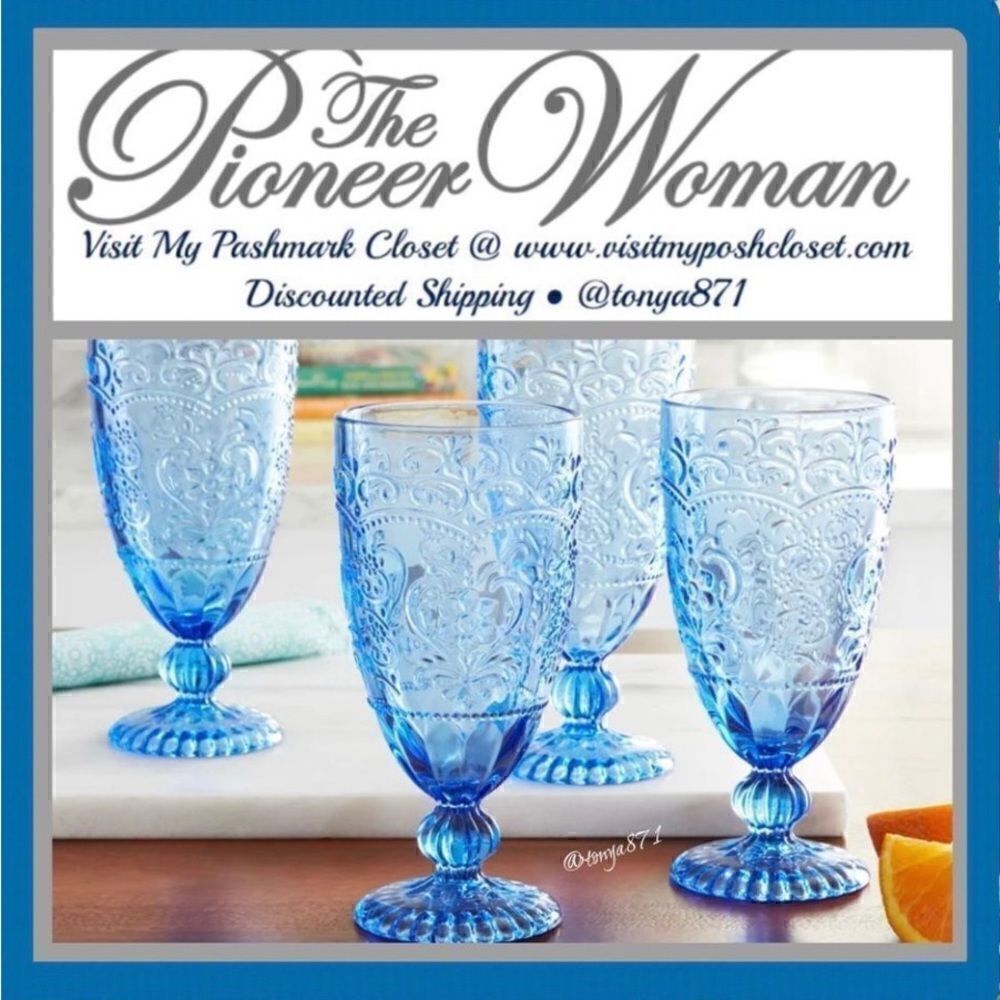 🦋 New Pioneer Woman Amelia 4-Piece 14.7-Ounce Goblet Set, Blue